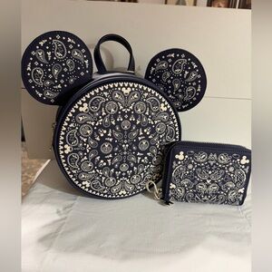 Disney Loungefly Navy and White Paisley Bandana Backpack and Wallet Set